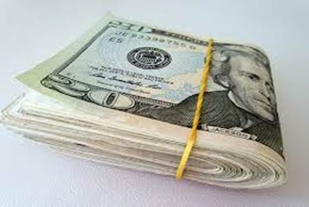 Wad of 20 dollar bills folded and rubberbanded